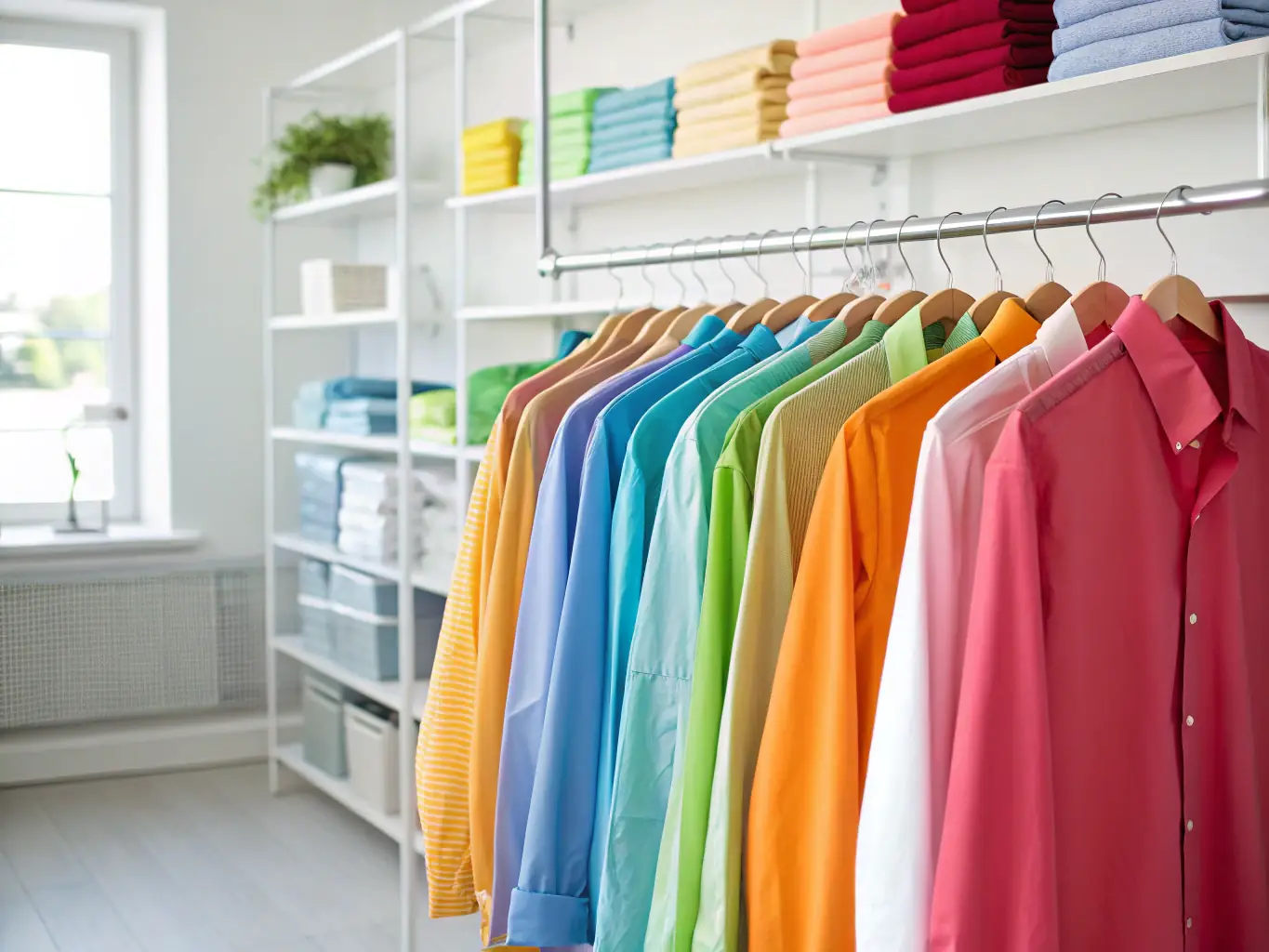 A variety of freshly cleaned and pressed garments hanging neatly on a rack, representing the high-quality results of Esteem Laundry's services.