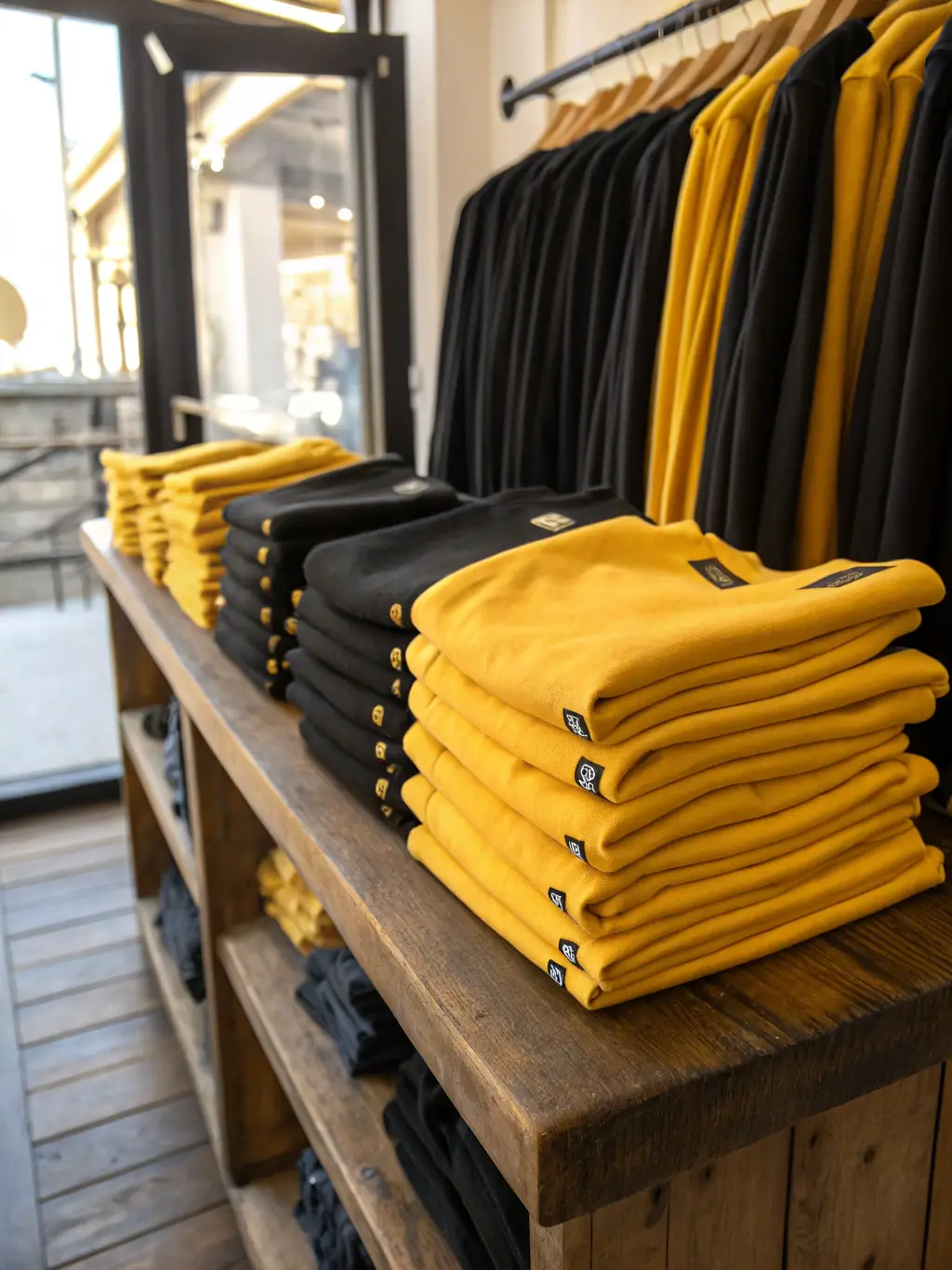 A neatly folded stack of freshly laundered t-shirts and jeans, showcasing the everyday laundry service offered by Esteem Laundry.